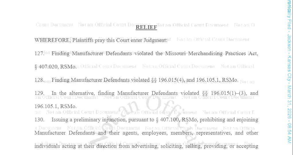 Paragraph 130 of the Missouri petition requesting a preliminary injunction against the manufacturer defendants.